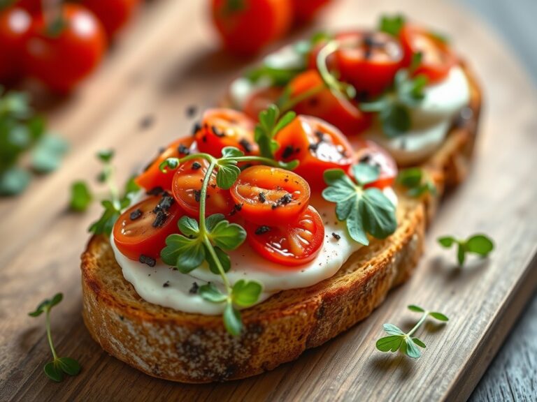 Bruschetta caprese, met tomaten en rucola — AI-gegenereerde illustratie
