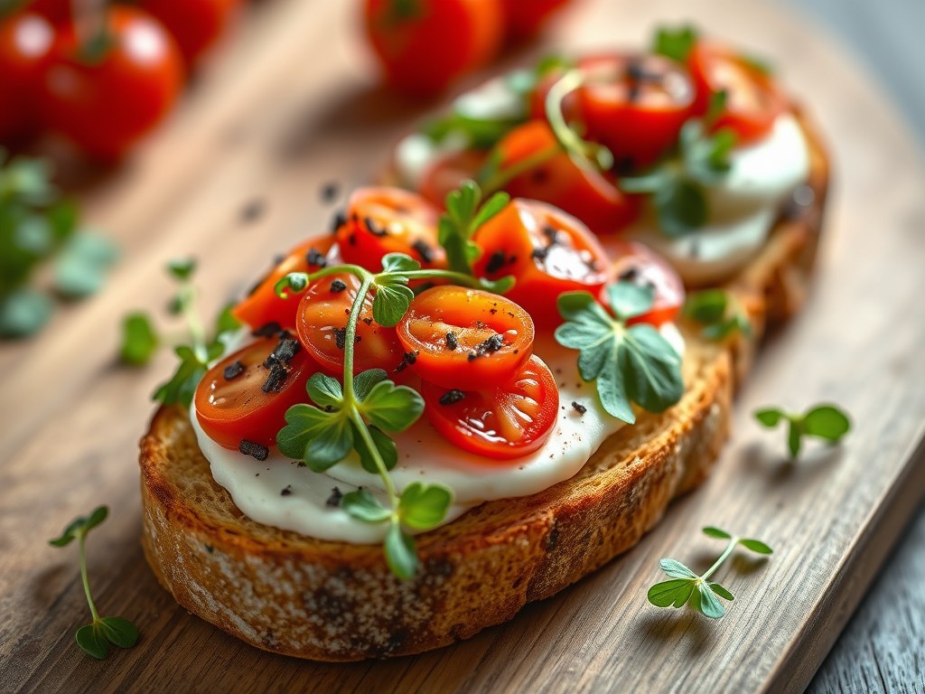 Bruschetta caprese, met tomaten en rucola, AI-gegenereerde illustratie