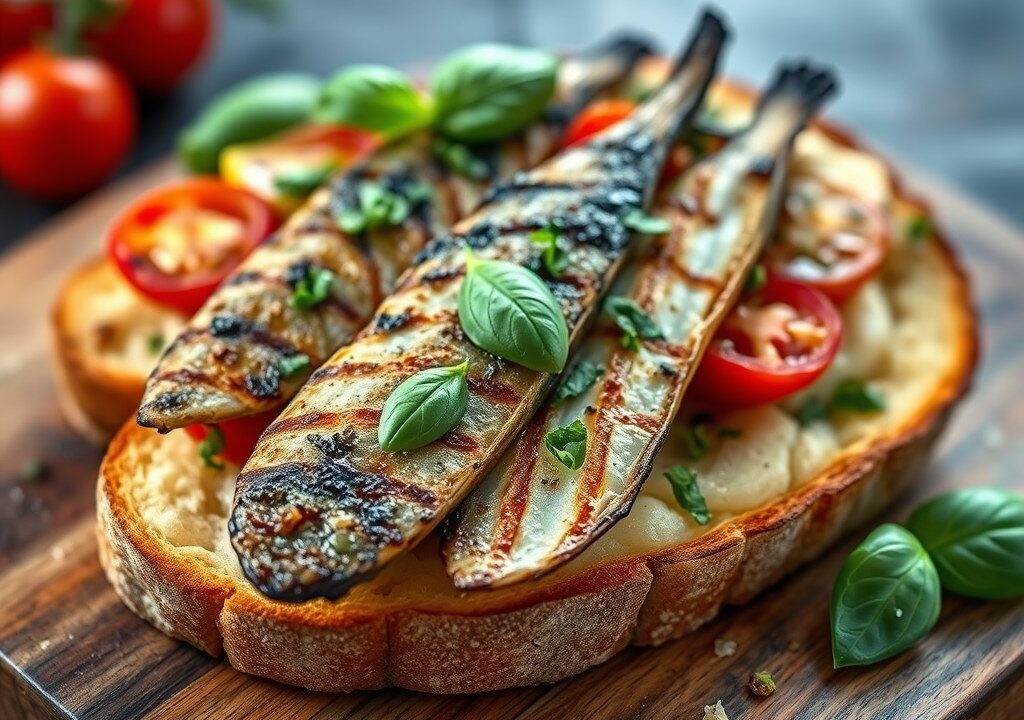 Bruschetta met gegrilde sardines — AI-gegenereerde illustratie