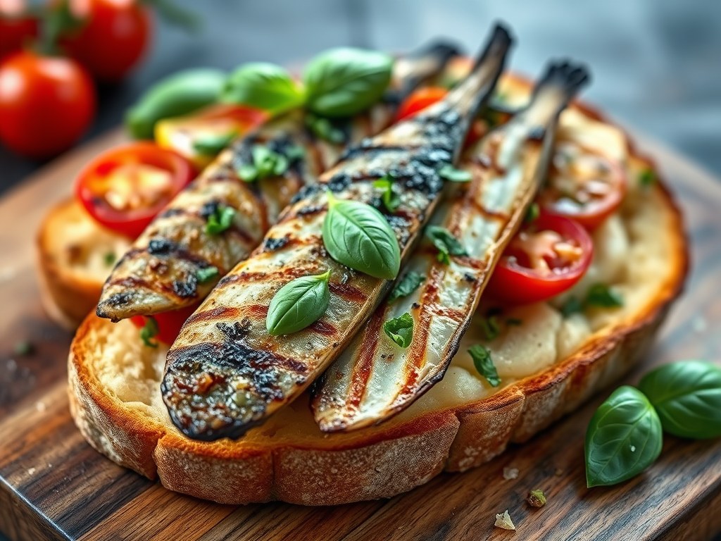 Bruschetta met gegrilde sardines, AI-gegenereerde illustratie