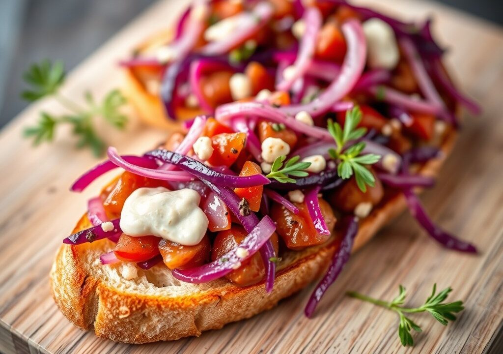 Bruschetta met osseworst en gemarineerde rode kool en ui, AI-gegenereerde illustratie