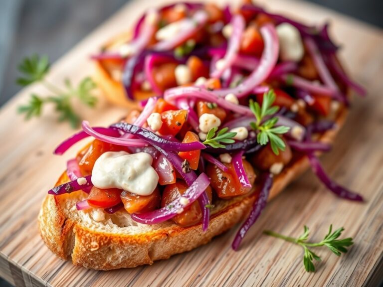 Bruschetta met osseworst en gemarineerde rode kool en ui — AI-gegenereerde illustratie