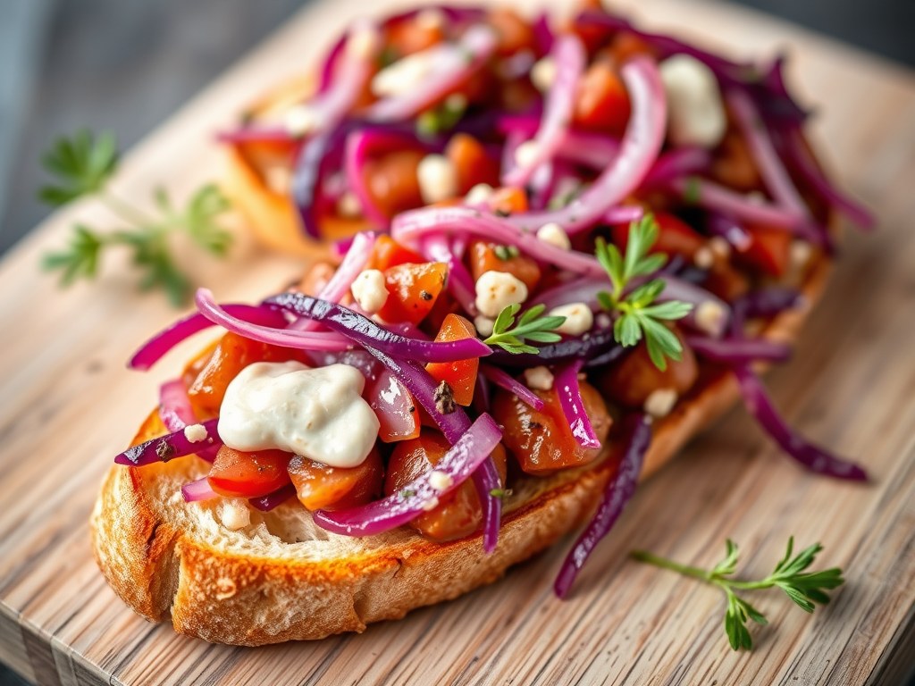Bruschetta met osseworst en gemarineerde rode kool en ui, AI-gegenereerde illustratie