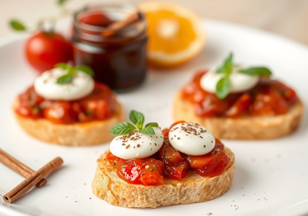 Bruschetta met Red Pearl tomatenjam en mozzarella — AI-gegenereerde illustratie