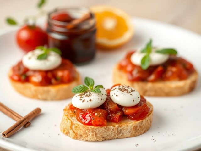 Bruschetta met Red Pearl tomatenjam en mozzarella — AI-gegenereerde illustratie