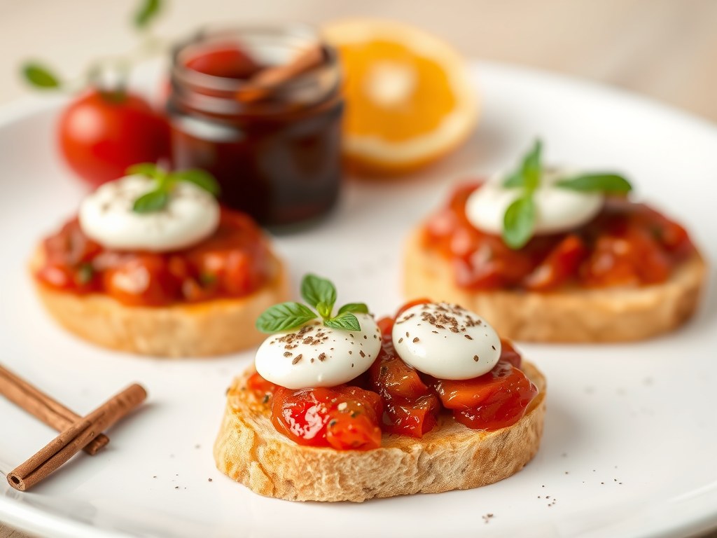 Bruschetta met Red Pearl tomatenjam en mozzarella, AI-gegenereerde illustratie