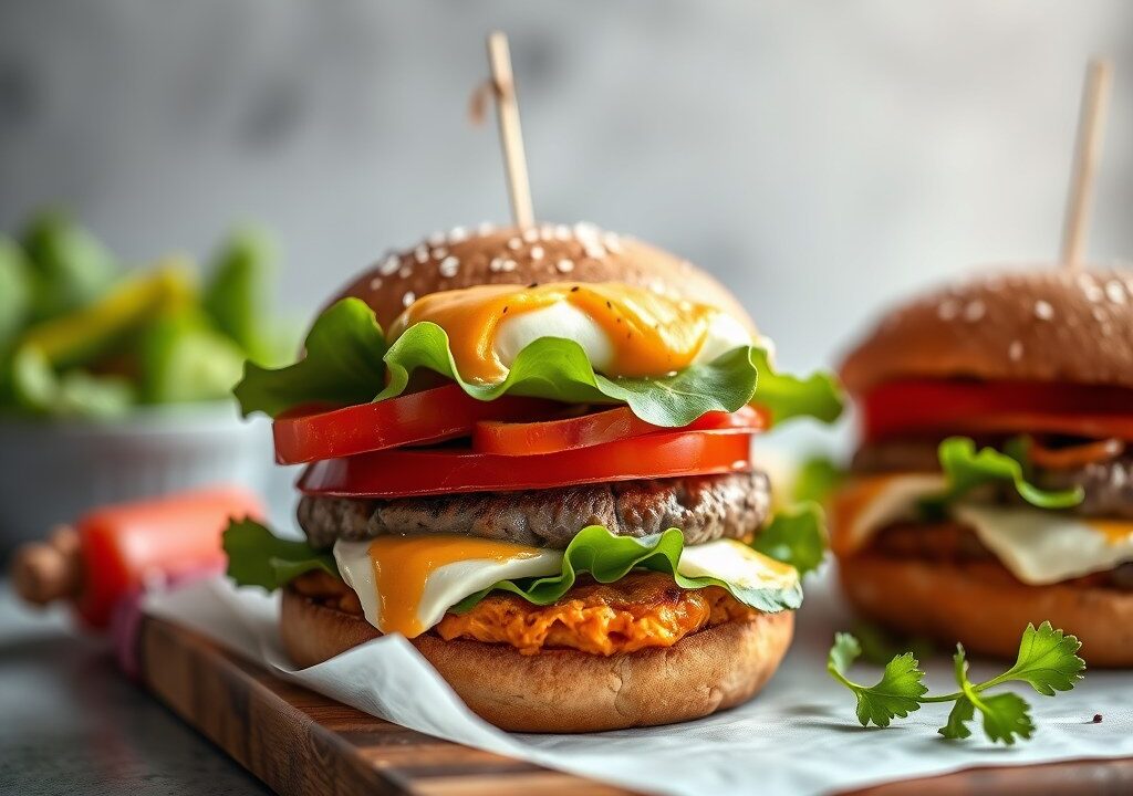 Burger met brie en zoete aardappel, mayonaise met gerookte paprika — AI-gegenereerde illustratie