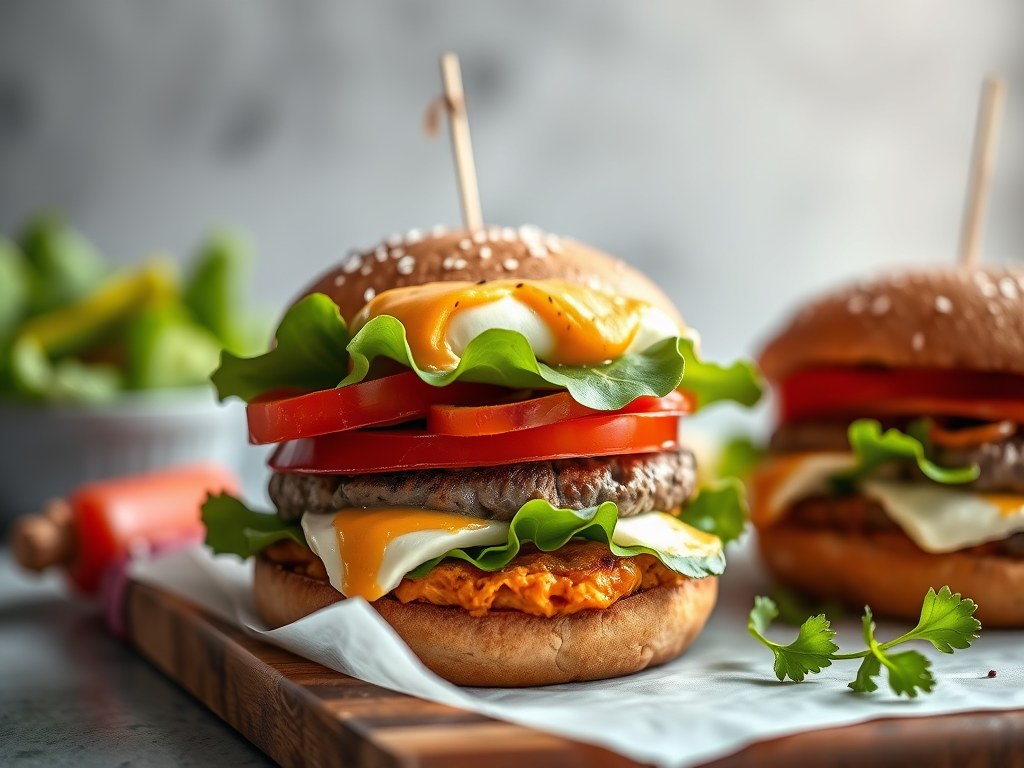 Burger met brie en zoete aardappel, mayonaise met gerookte paprika, AI-gegenereerde illustratie