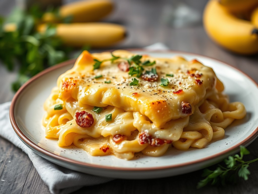 Butternutgratin carbonara, AI-gegenereerde illustratie