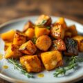 Côte à l’os, geroosterde groenteblokjes, saffraanmayonaise