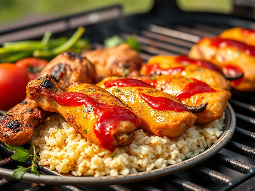 Cajun kip met rijst, AI-gegenereerde illustratie