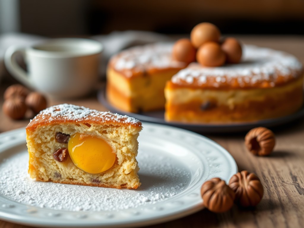 Cake van Brebiou en hazelnoten, AI-gegenereerde illustratie