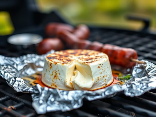 Camembert van de bbq — AI-gegenereerde illustratie