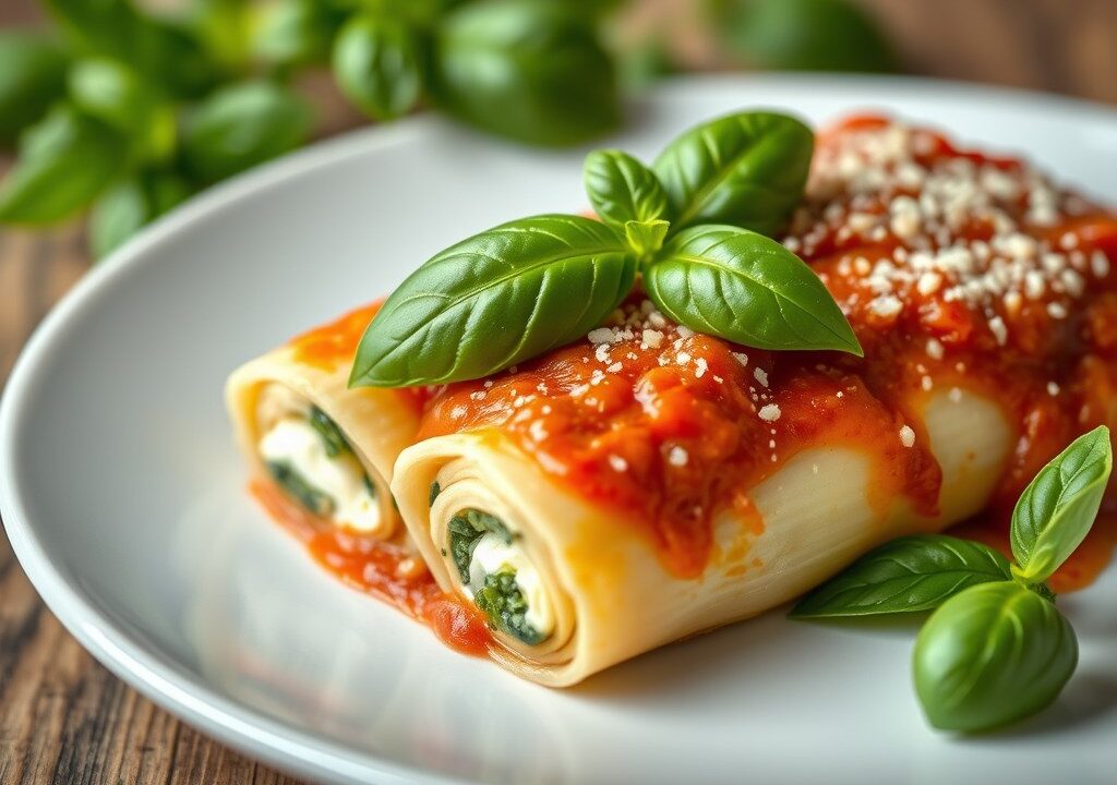 Cannelloni gevuld met ricotta, spinazie en pijnboompitten met tomatensaus — AI-gegenereerde illustratie