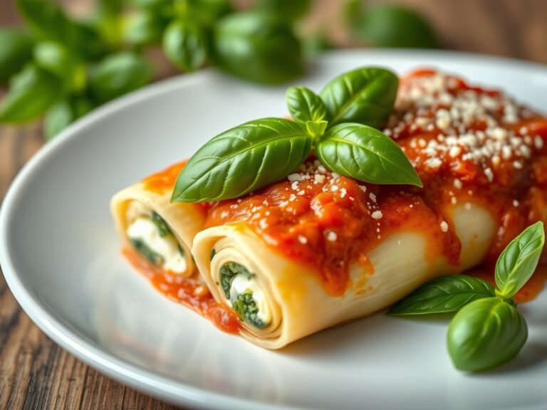 Cannelloni gevuld met ricotta, spinazie en pijnboompitten met tomatensaus — AI-gegenereerde illustratie
