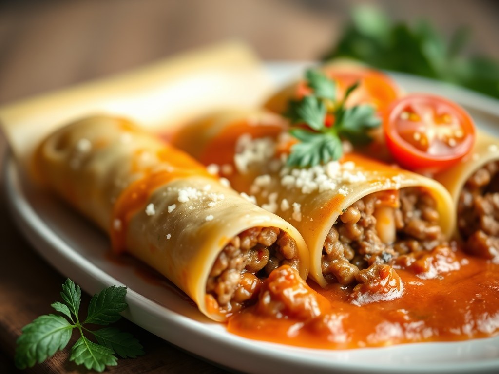 Cannelloni met gehakt en kaas van bij ons, AI-gegenereerde illustratie