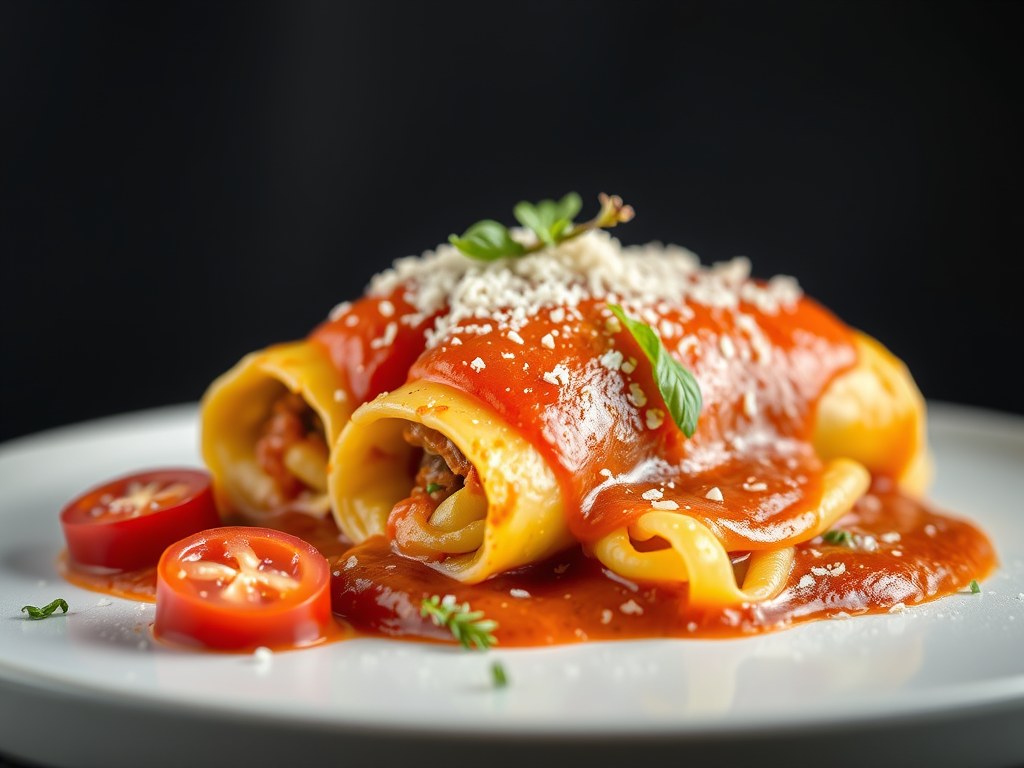 Cannelloni van forel met een sausje van kerstomaat en look, AI-gegenereerde illustratie