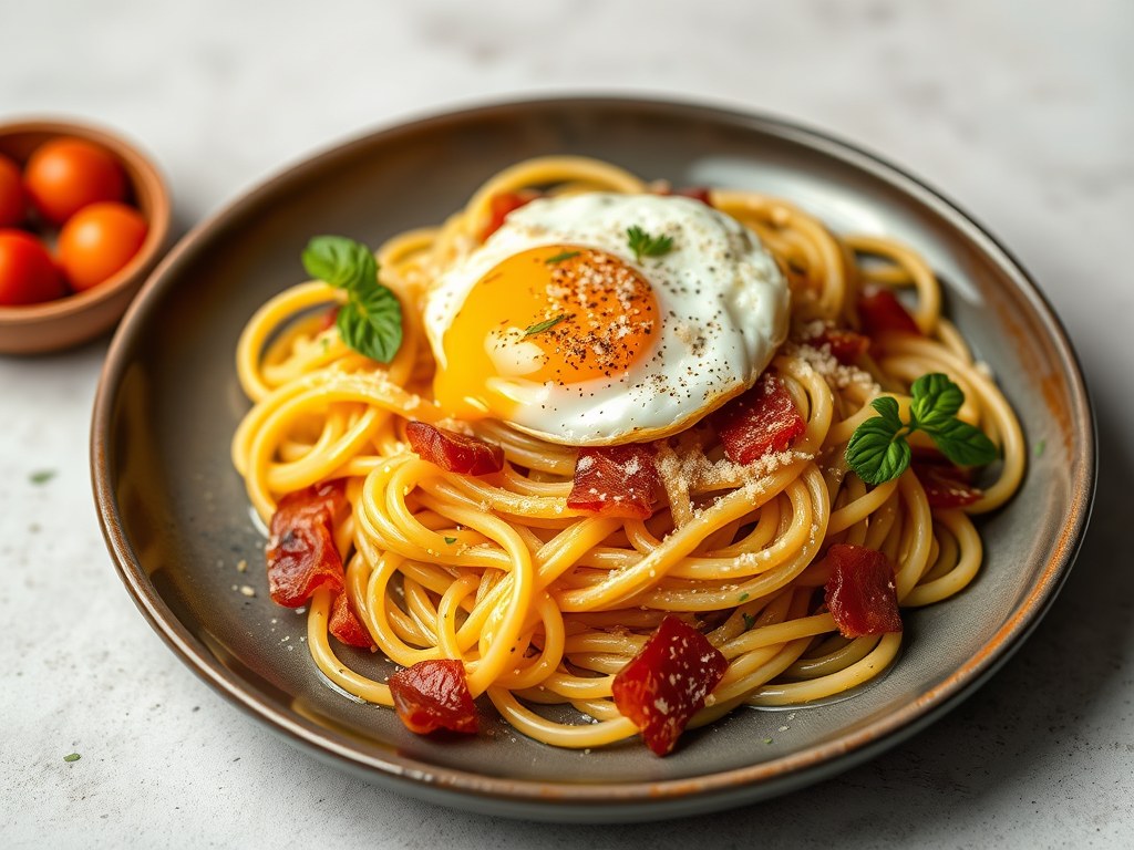 Capellini carbonara met spekreepjes, Parmezaanse kaas en ei, AI-gegenereerde illustratie