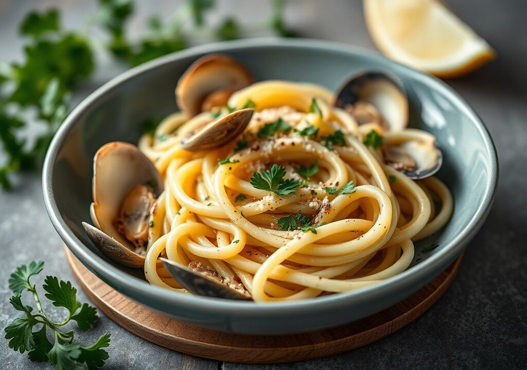 Cappellini alle vongole, AI-gegenereerde illustratie