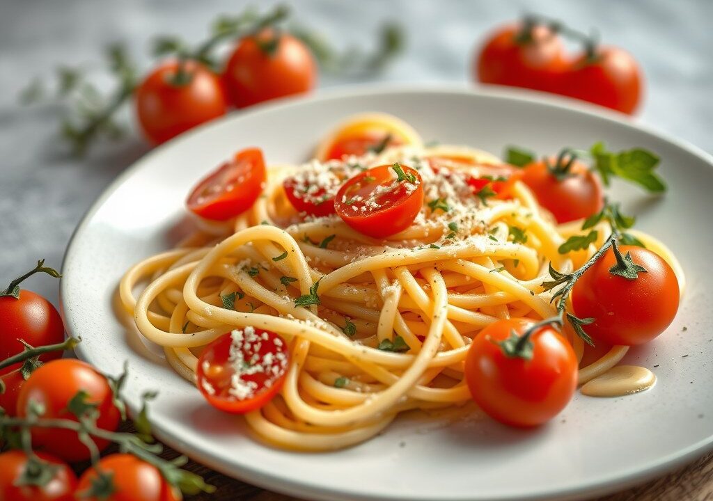 Cappellini met ansjovis, olijven en tomaten — AI-gegenereerde illustratie