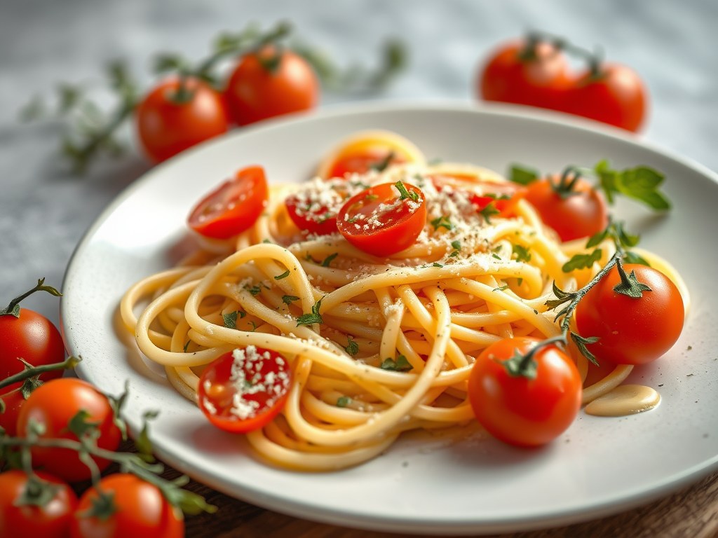Cappellini met ansjovis, olijven en tomaten, AI-gegenereerde illustratie