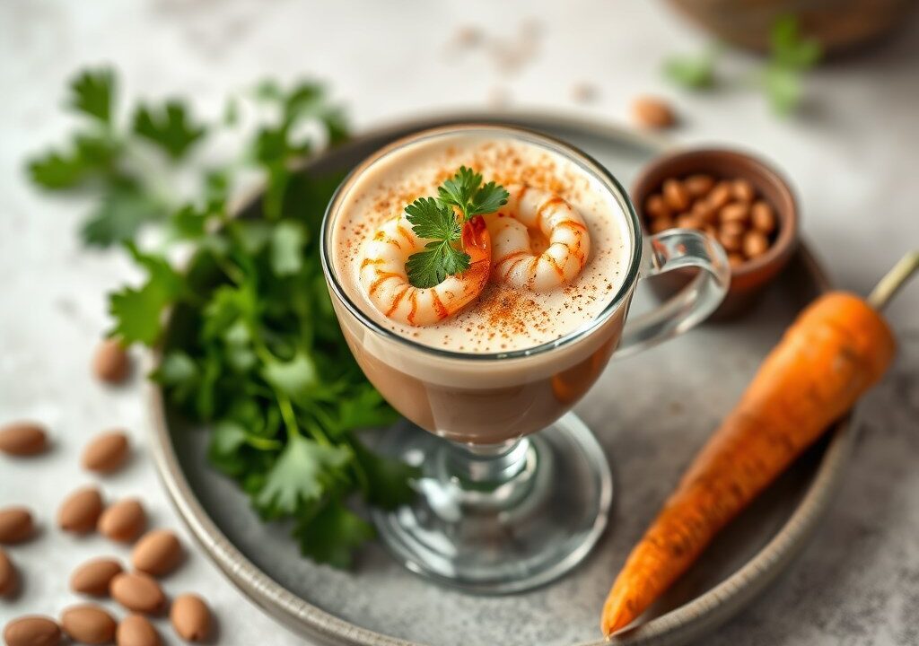 Cappuccino met grijze garnalen, amandelen en lichte kerrie — AI-gegenereerde illustratie
