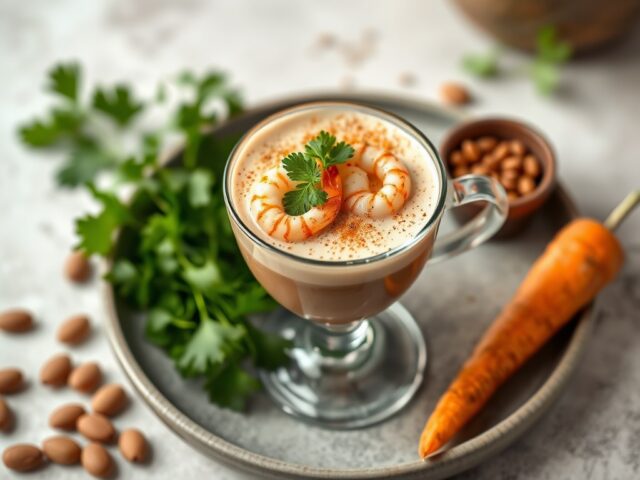 Cappuccino met grijze garnalen, amandelen en lichte kerrie — AI-gegenereerde illustratie