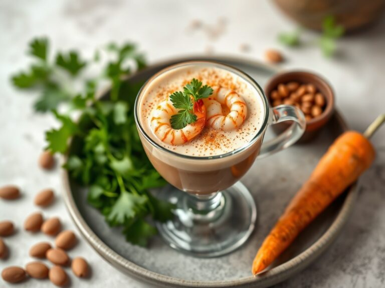 Cappuccino met grijze garnalen, amandelen en lichte kerrie — AI-gegenereerde illustratie