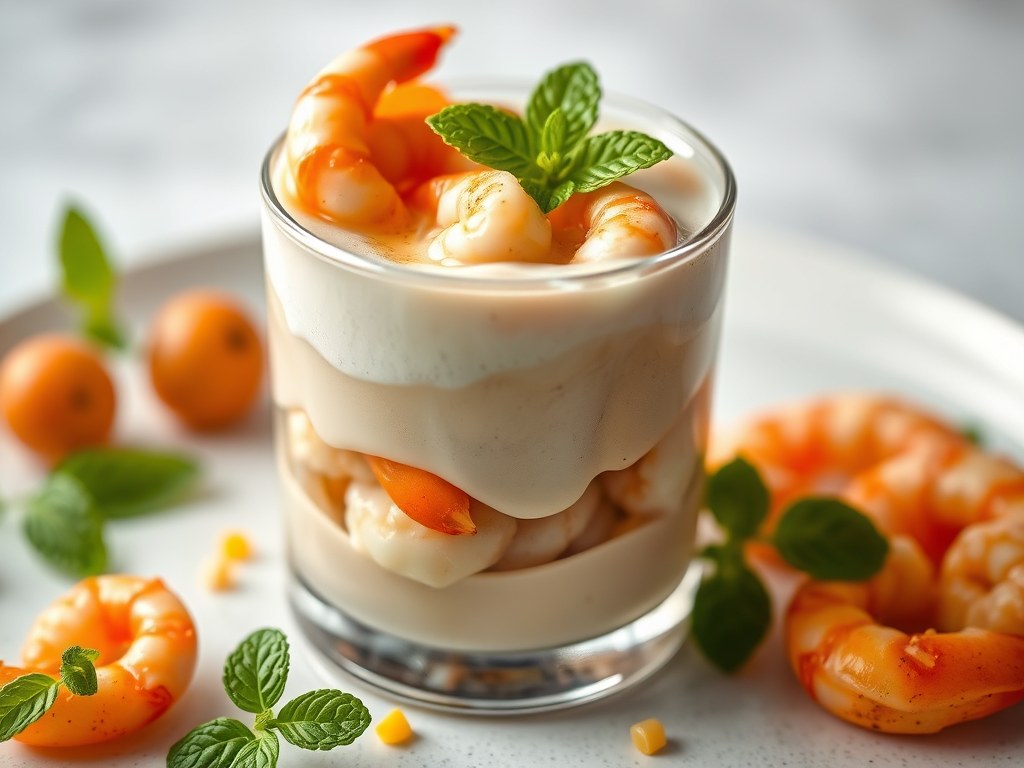 Cappuccino van erwt met king crab, grijze garnalen en serranoham, AI-gegenereerde illustratie