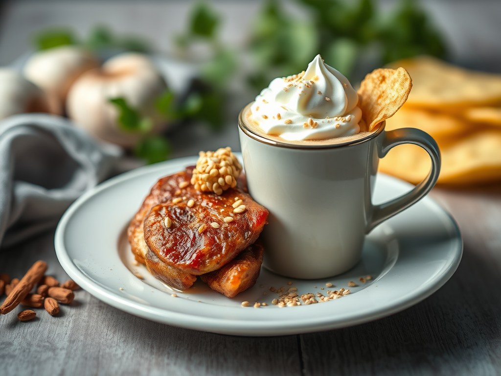 Cappuccino van kastanjepompoen met sesam en chips van gerookte eendenfilet, AI-gegenereerde illustratie