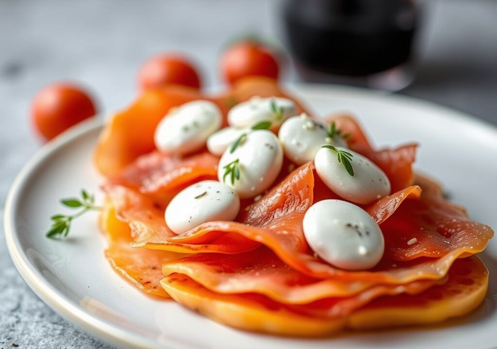 Carpaccio van meloen met ham en buffelmozzarella — AI-gegenereerde illustratie