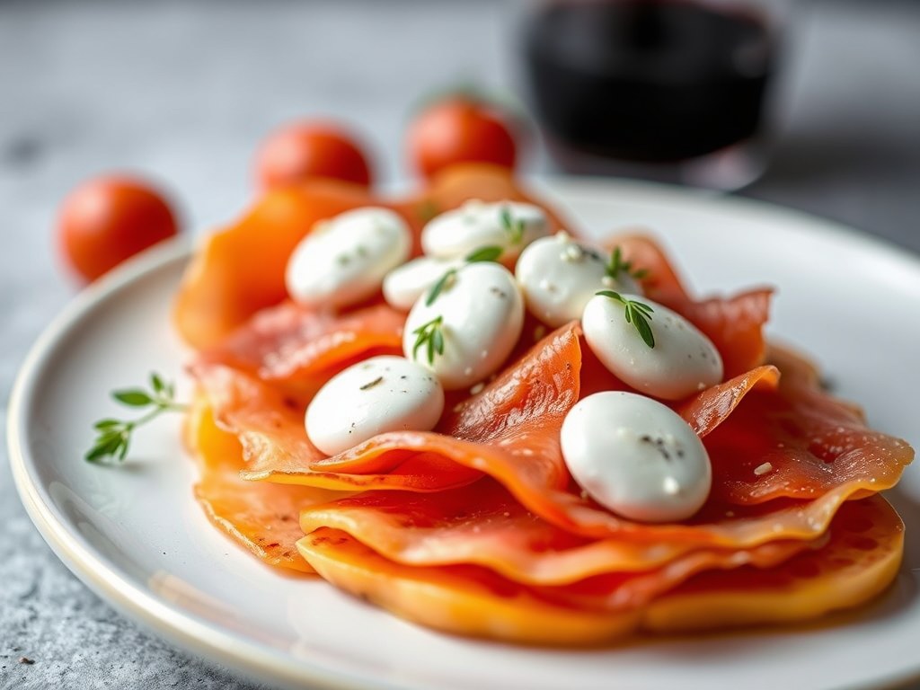 Carpaccio van meloen met ham en buffelmozzarella, AI-gegenereerde illustratie