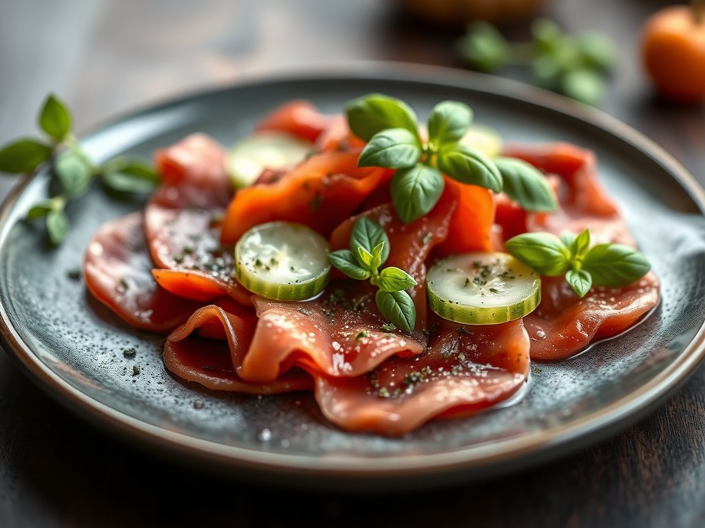 Carpaccio van rund met kruidensausje, AI-gegenereerde illustratie