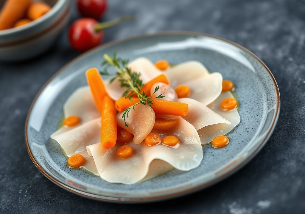 Carpaccio van schelvis met gekonfijte worteltjes — AI-gegenereerde illustratie