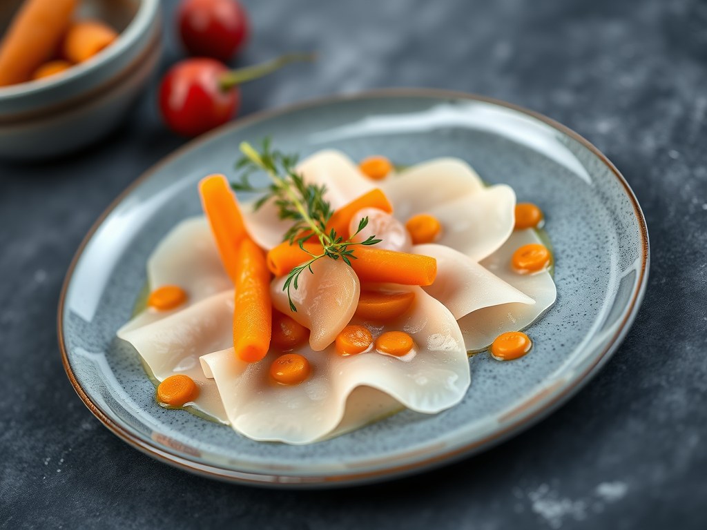 Carpaccio van schelvis met gekonfijte worteltjes, AI-gegenereerde illustratie