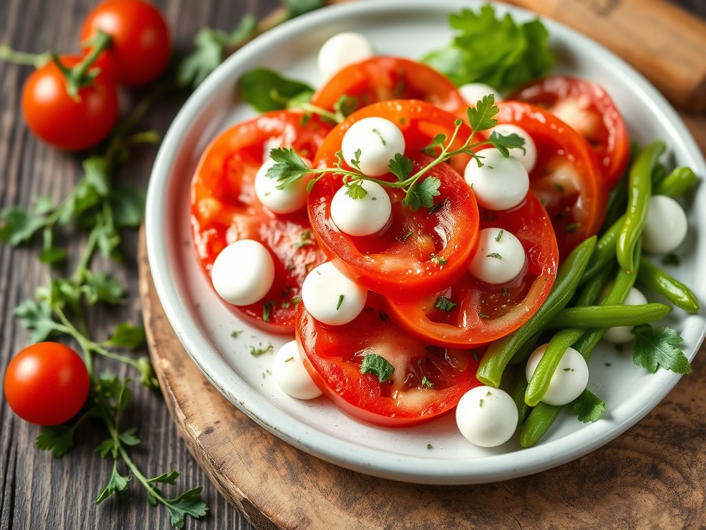 Carpaccio van tomaat met een salade van groene boontjes en mozzarella, AI-gegenereerde illustratie