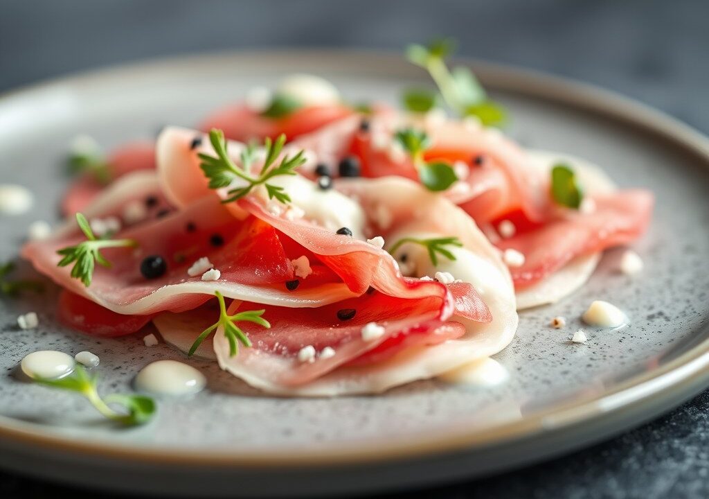 Carpaccio van witblauw met dressing van Pas de Bleu — AI-gegenereerde illustratie