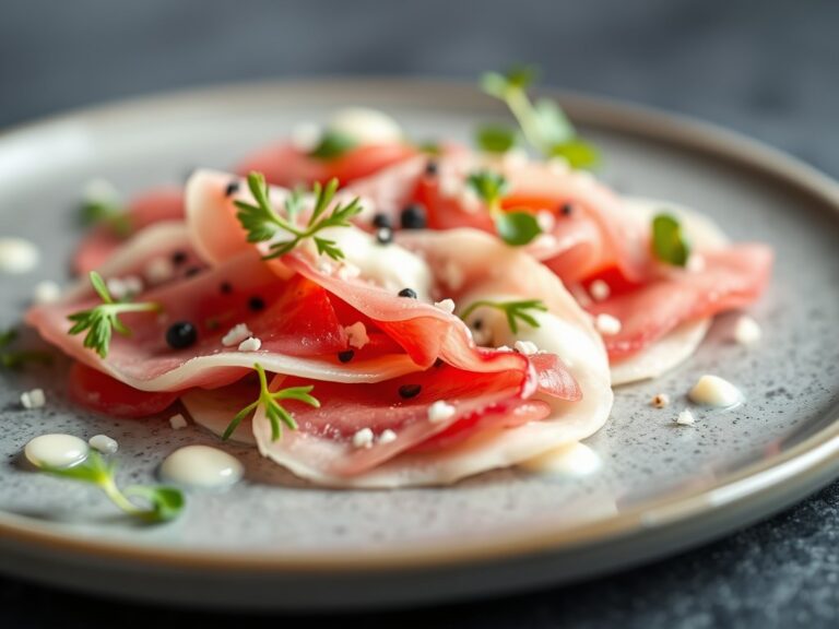 Carpaccio van witblauw met dressing van Pas de Bleu — AI-gegenereerde illustratie