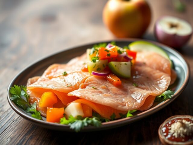Carpaccio van zalm en salsa met groene appel — AI-gegenereerde illustratie