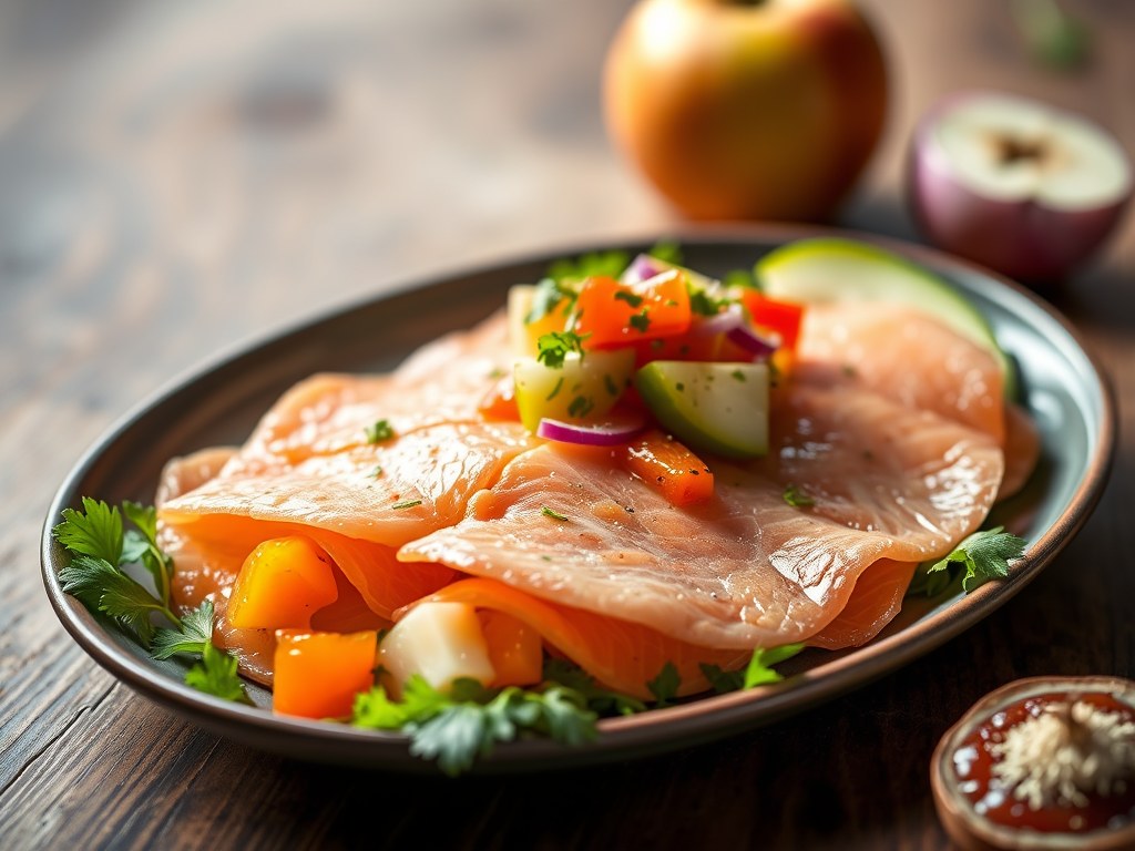 Carpaccio van zalm en salsa met groene appel, AI-gegenereerde illustratie