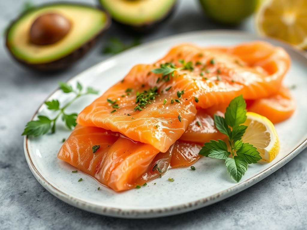 Carpaccio van zalm met een pittige dressing, AI-gegenereerde illustratie