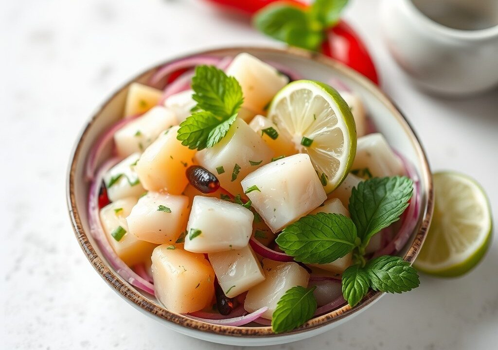 Ceviche van aardappel, witte vis en munt — AI-gegenereerde illustratie