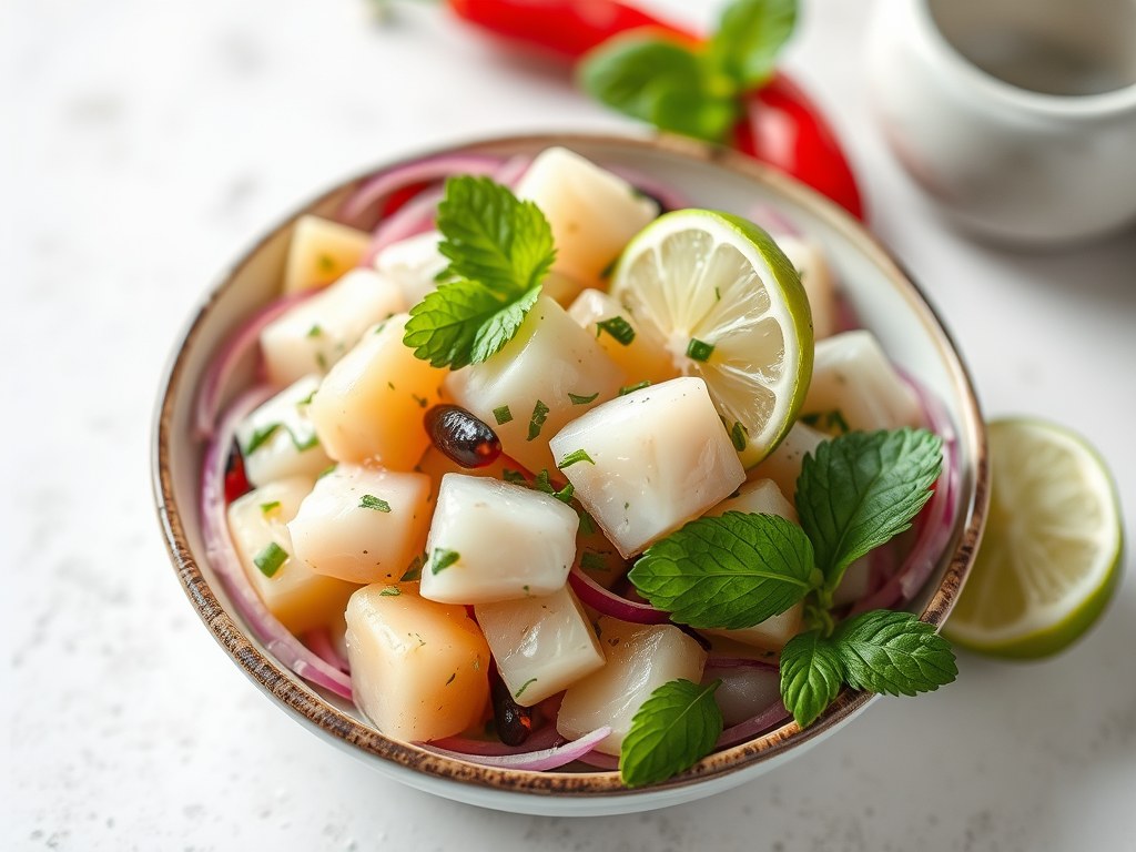 Ceviche van aardappel, witte vis en munt, AI-gegenereerde illustratie