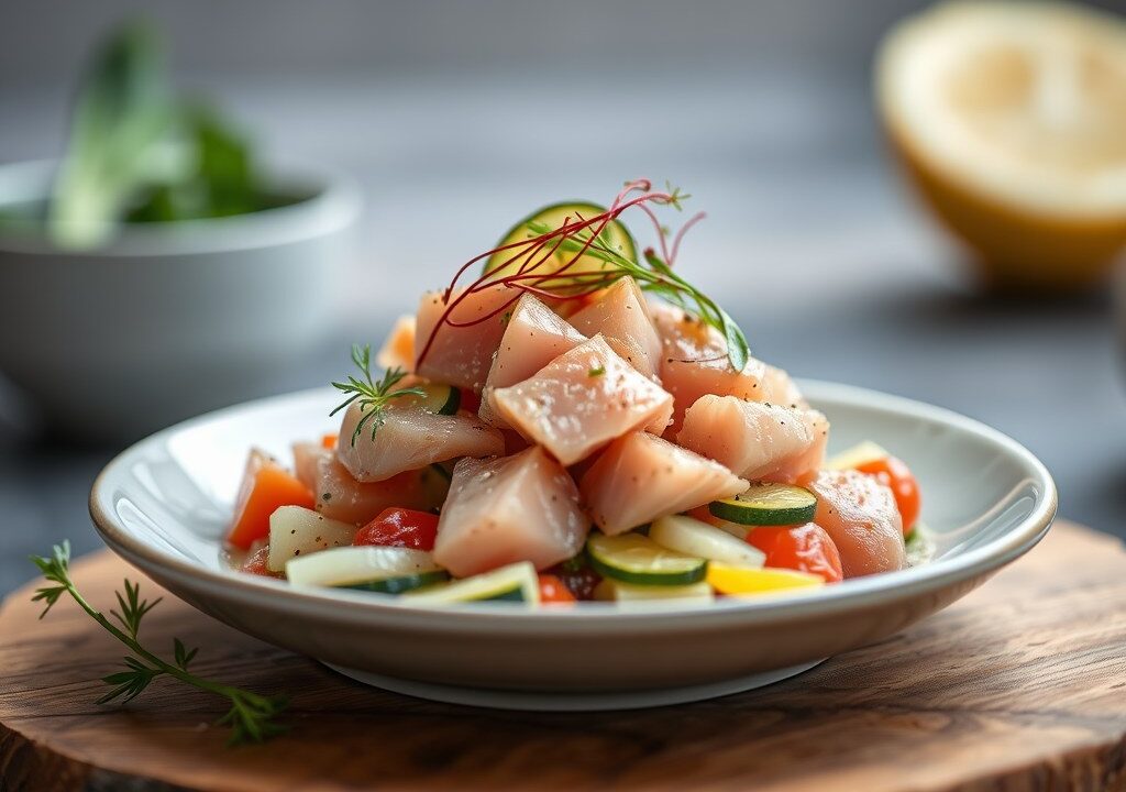 Ceviche van tonijn en Sint-Jakobsvruchten met venkel en courgette, AI-gegenereerde illustratie