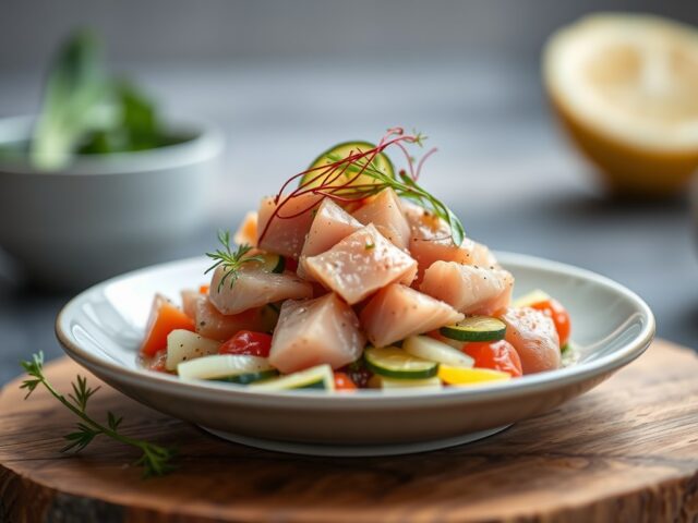 Ceviche van tonijn en Sint-Jakobsvruchten met venkel en courgette — AI-gegenereerde illustratie