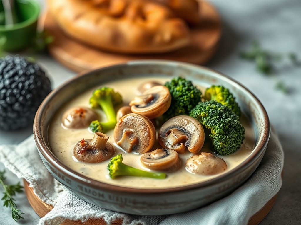 Champignon-Broccoliesoep, AI-gegenereerde illustratie