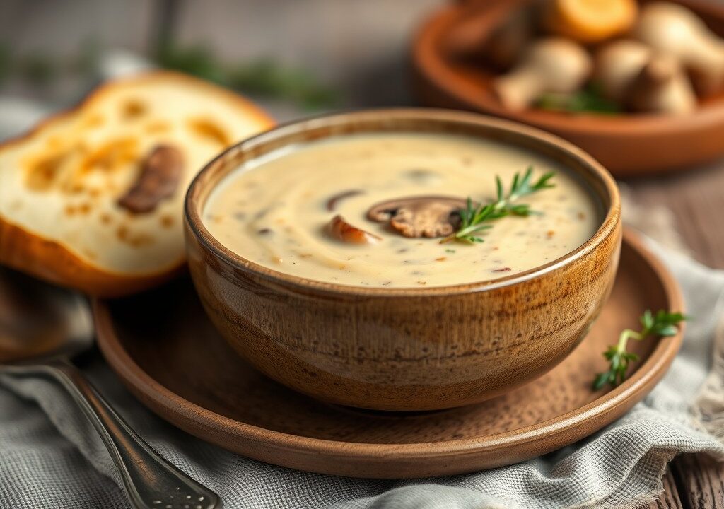 Champignon-kaassoep met zoutstengels, AI-gegenereerde illustratie