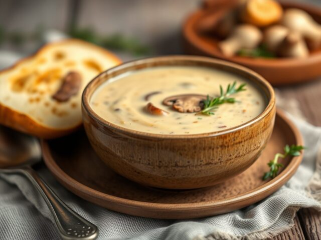 Champignon-kaassoep met zoutstengels — AI-gegenereerde illustratie