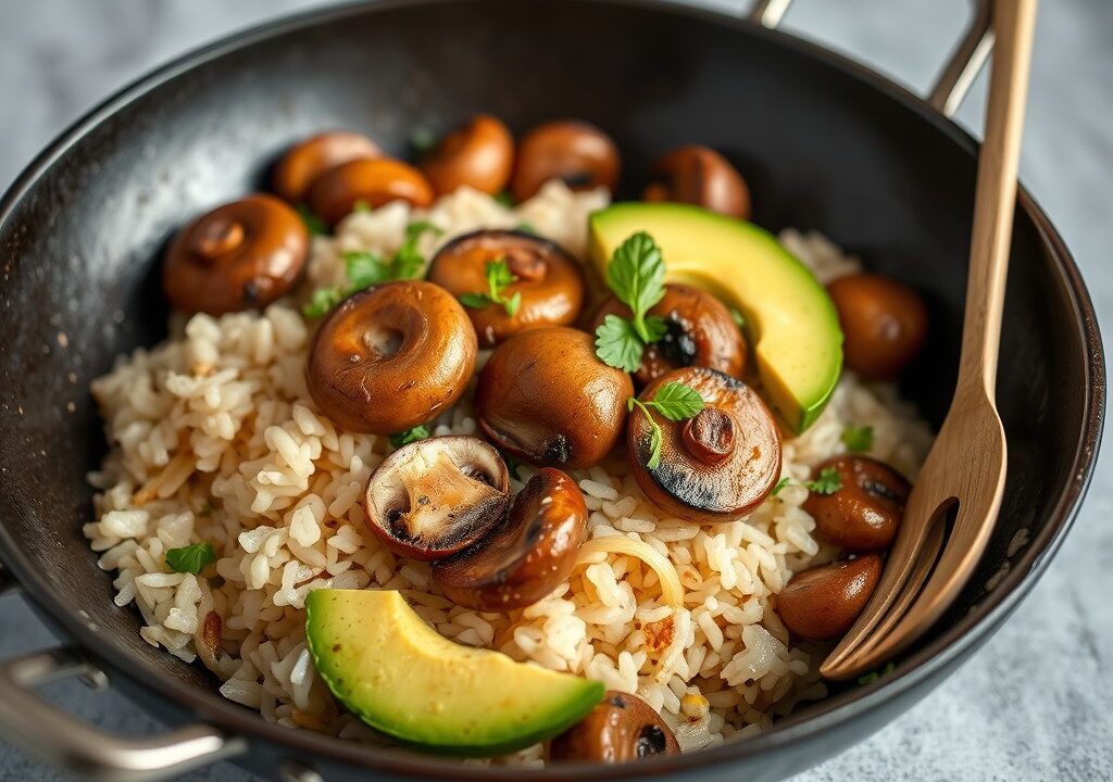 Champignon spiesjes met rijst, gewokte paksoi, avocado en pindasaus, AI-gegenereerde illustratie