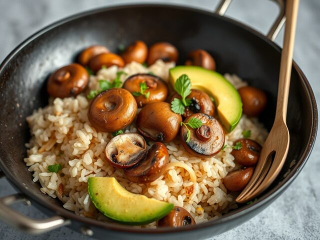 Champignon spiesjes met rijst, gewokte paksoi, avocado en pindasaus — AI-gegenereerde illustratie